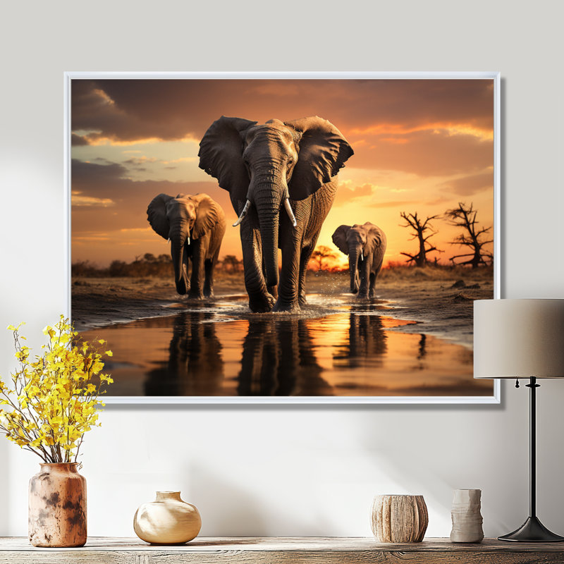 «Elephant Shadows Of Serenity II», art mural sur toile, H 24 po x l 32 po x P 1 po, Cadre flottant blanc