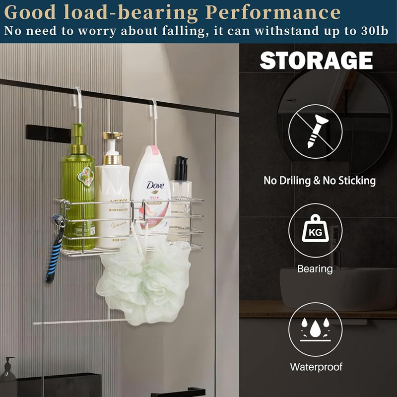 Support de douche suspendu - Argent - SUS304 Organisateur de porte simple en acier inoxydable avec crochets et panier à shampooing