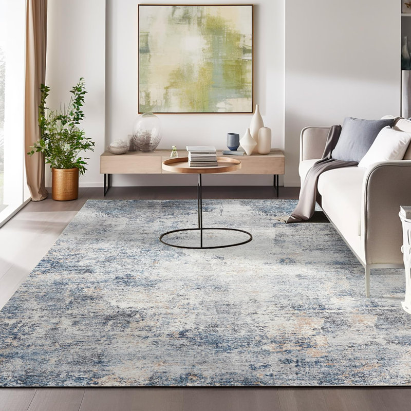 Abstract Non-Slip Machine Washable Blue Area Rug, Rectangle 2' x 3'