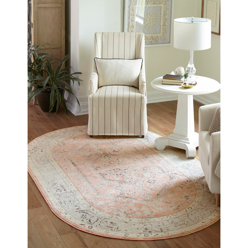 Tapis oriental rose / gris / blanc cassé Edson, Ovale 7 pi 10 po x 10 pi