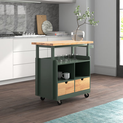 Behling Solid Butcher Block Kitchen Island with Baskets and Storage Shelf