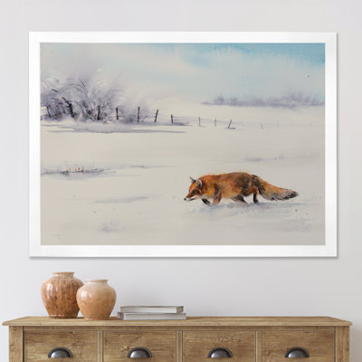 Renard roux courant dans la neige blanche I - Peinture sur toile