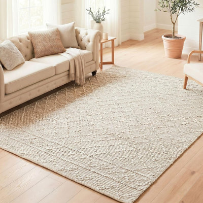 Tapis en jute texturé Mica / Tapis beige et ivoire et tissé pour le salon et la chambre à coucher