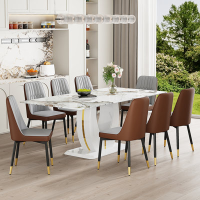 71" Rectangular Dining Table Set For 8 Featuring A Faux Marble Tabletop Paired With PU Leather Chairs. This 9-Piece Dining Set Is Suitable For Homes, Restaurants, And Office Spaces.