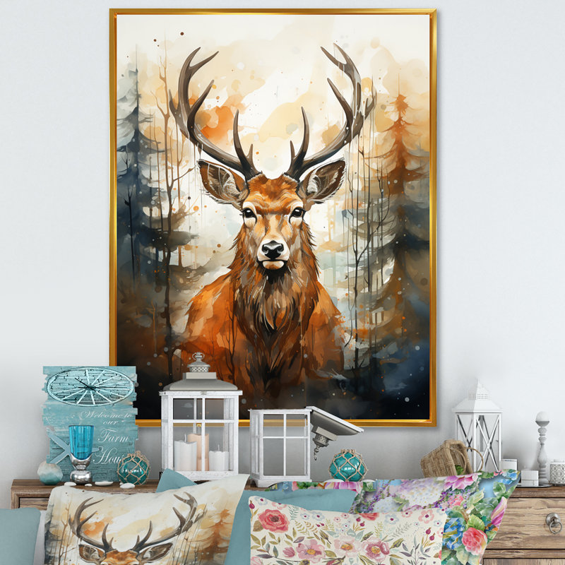 Deer Wonderers V sur toile, Cadre flottant doré, 44" H x 34" W