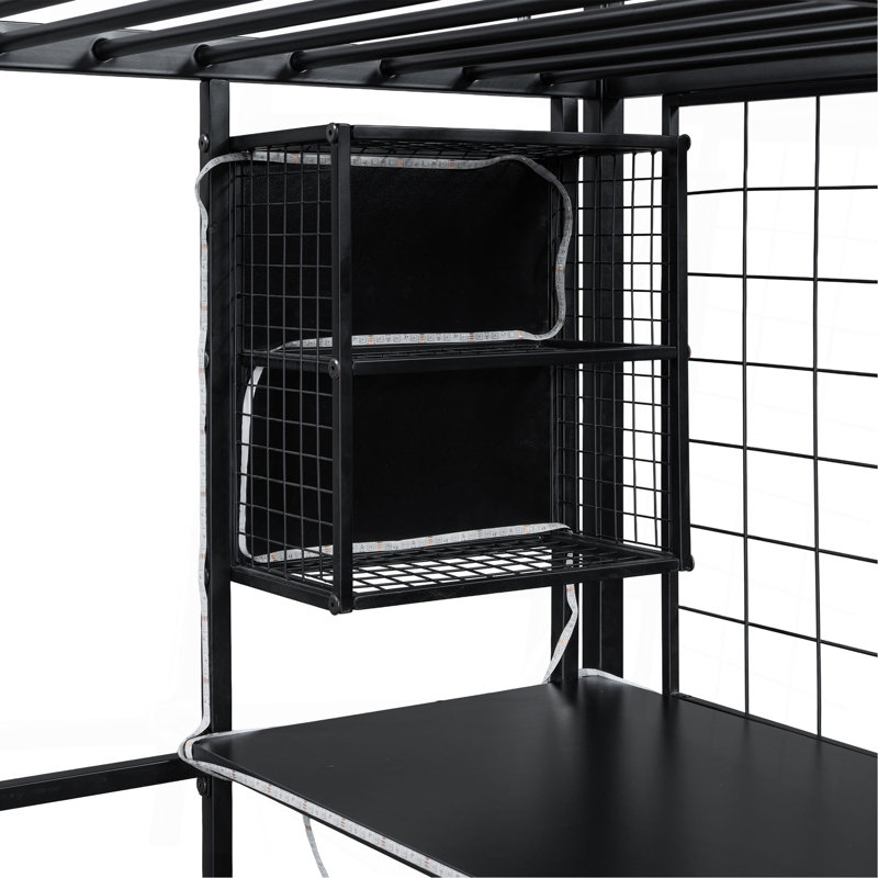 Lit mezzanine double en métal avec poste de travail intégré, garde-robe, escalier de rangement et DEL, noir