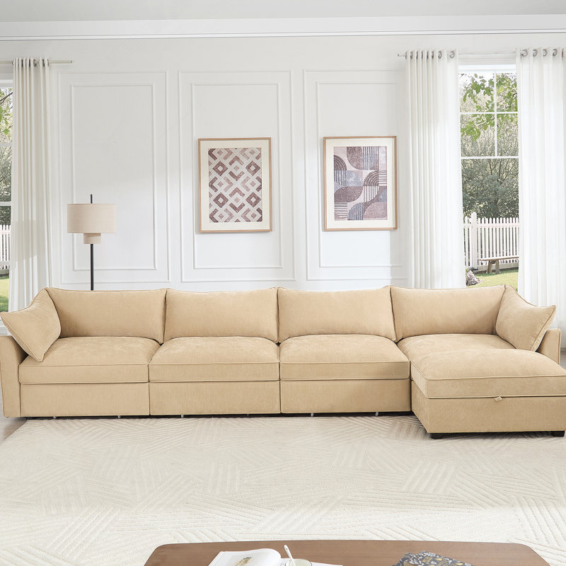 Canapé modulaire en L 4 places, canapé 4 places avec 1 repose-pieds mobile, coussins, canapé modulaire confortable avec 5 sièges et tiroir coulissant de rangement sous chaque siège, couleur chenille