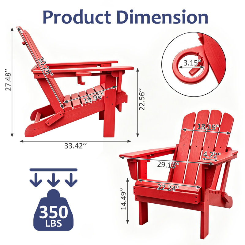 Ensemble de 2 chaises Adirondack pliables en polyéthylène haute densité pour l'extérieur avec porte-gobelets, Red