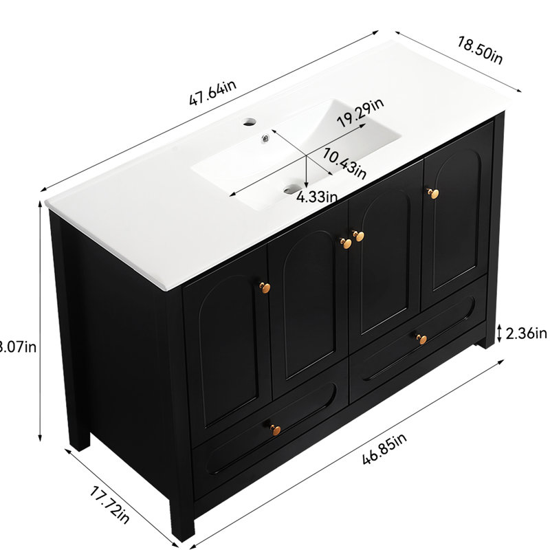 Meuble-lavabo de 48 po de couleur noire, 4 portes coulissantes, 2 tiroirs, structure en bois massif, armoire, décor transitionnel et polyvalent à fermeture silencieuse et large noir pour la salle de bain, rangement de tiroirs de portes,
