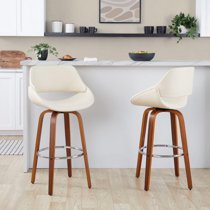 Najrin 30" Fixed-Height Faux Leather Bar Stool with Bent Wood Legs & Round Footrest (Set of 2), Walnut/Chrome, Cream