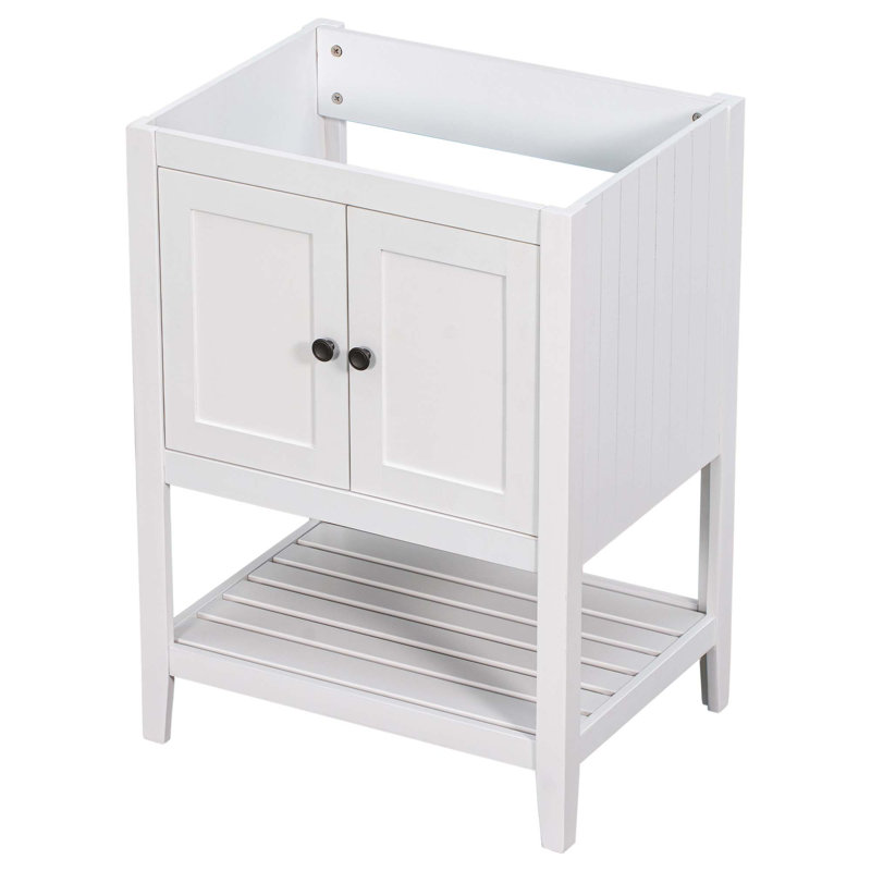 Base de meuble-lavabo 24 po seulement, structure en bois massif, armoire de rangement avec portes et tablette ouverte, Blanc