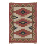Vintage Swedish Rya Flatweave, Beige With Red Geometric Medallion - Rug & Kilim