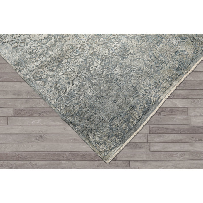 Tapis abstrait moderne en laine, bambou et soie, 2,39 m x 3,02 m, bleu aqua et argent, noué à la main