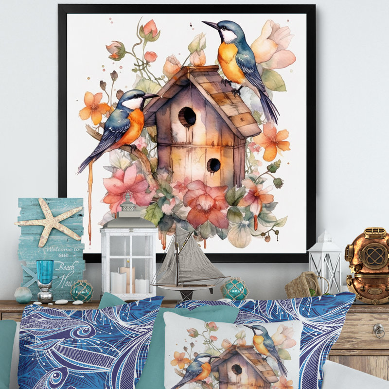 «Birds On A Birdhouse», reproduction sur toile, Cadre photo noir, H 16 po x l 16 po