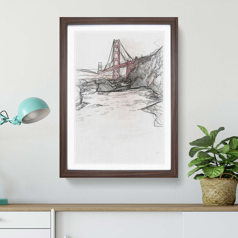 Golden Gate Bridge in San Francisco Abstract Art - Picture Frame Graphic Art Print, 36cm H x 27cm W x 2cm D, Walnut Framed