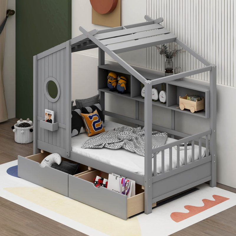Vidoje Kids Bed with Storage Shelf, Twin, Gray