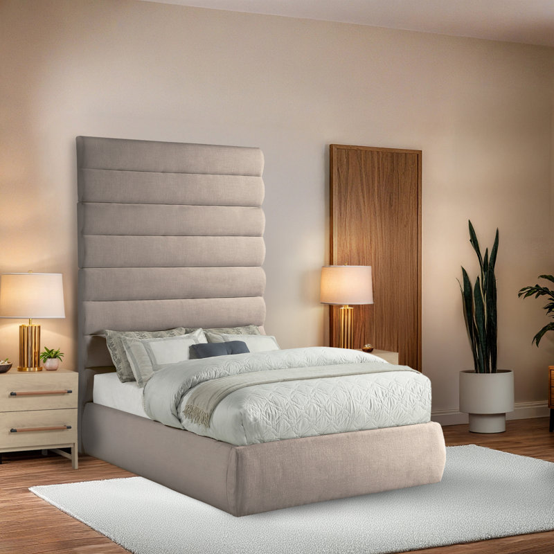 Lit en tissu Adam, Double, Tissu texturé en lin beige
