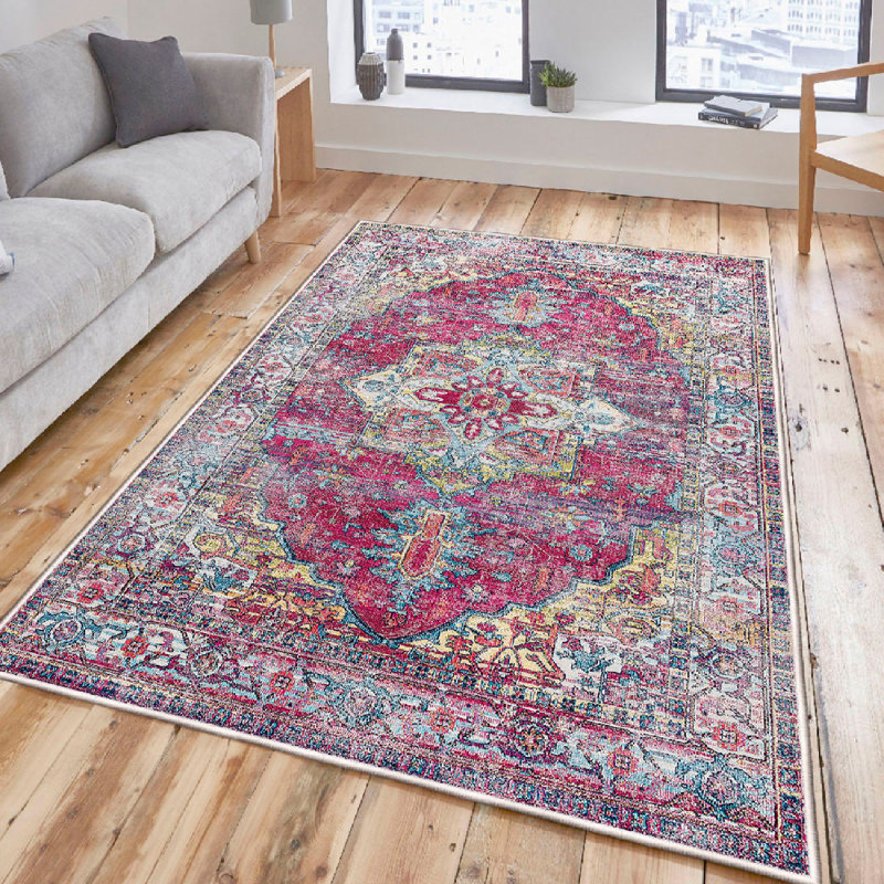 Premium Cotton Area Rug, 3.3 x 6.6 Feet | 100% Cotton, 1200 Grams/Sq Meter, 0.4 in Pile Height | Antibacterial, Non-Slip PVC Underside, Machine Washable | Elegant White, Tile Red, Green & Blue Design for Home Decor
