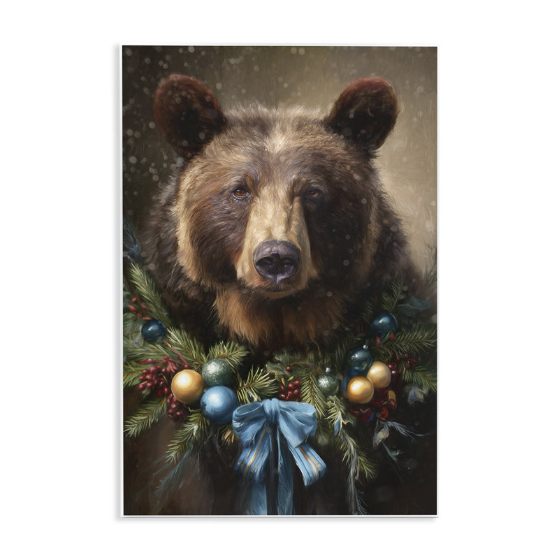 Plaque murale grizzly de Noël avec couronne, design par Tina LeCour, H 15 po x l 10 po