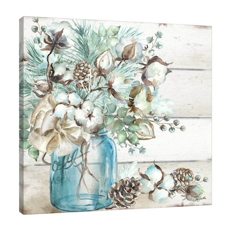 Cotton Boll And Pine Cones In A Mason Jar I - Wrapped Canvas Painting, 30 cm H x 30 cm W