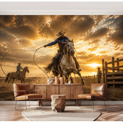 Wall Mural Peel and Stick Cowboy Lassoing Sunset Dusty Ranch Arena Horseback Large Wallpaper Self-Adhesive Removable Contact Paper Wall Decor for Living Room Bedroom Nursery 69"H x 96"W