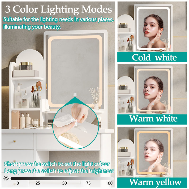Dressing Table & Stool Set with 3 Colours LED Lights Mirror, Makeup Table with Ottoman & 5 Drawers, Large Storage Space Vanity Desk for Bedroom Furniture (White/LED)