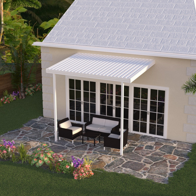 Aluminum 24 ft wide x 12 ft deep patio cover, White, 10lbs. snow load, 144" W x 144" D