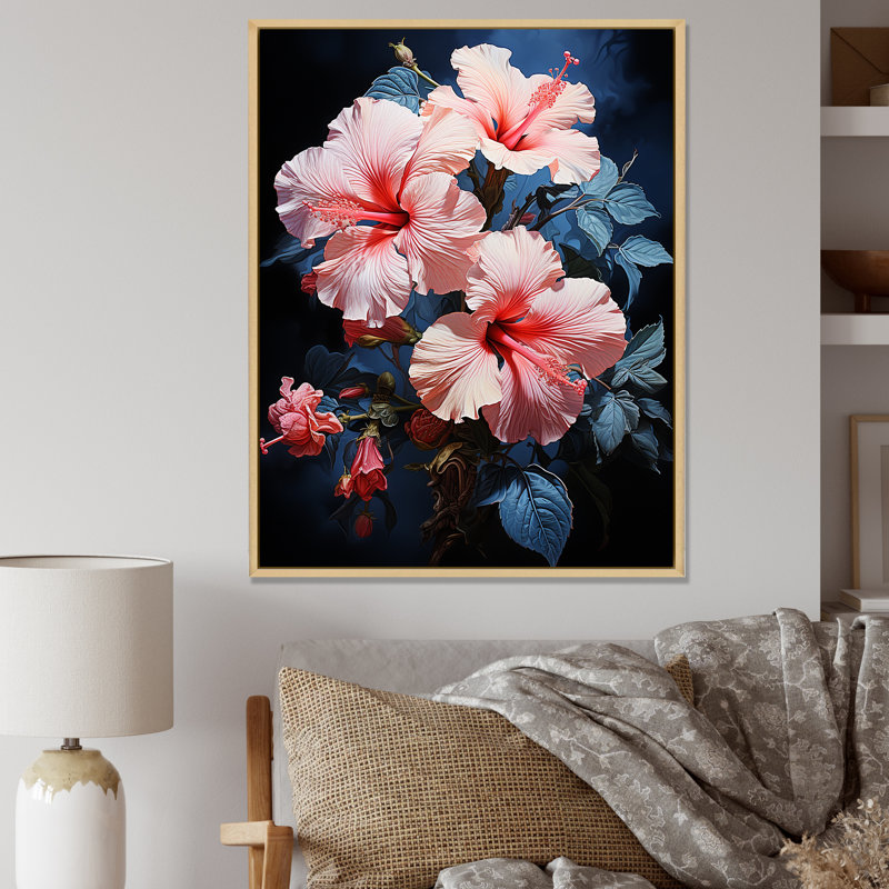 «Pink and Blue Hibiscus Modern Charm I», reproduction sur toile, Cadre naturel flottant, H 20 po x l 12 po x P 1 po