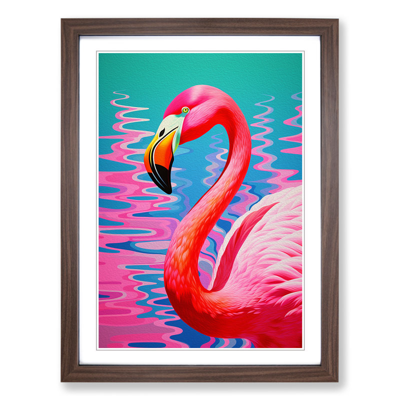 Flamingo Op No.3 - Single Picture Frame Print on Wood, Walnut, 64cm H x 46cm W x 2cm D