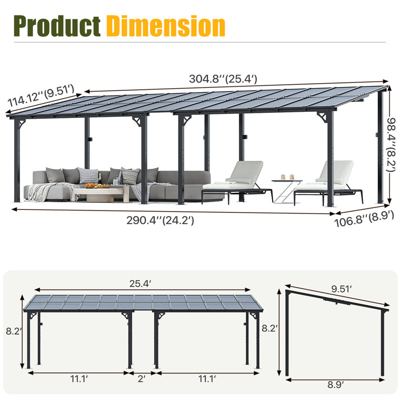 26 pi L 10 pi. D Pergola en polycarbonate, abri de jardin extérieur toutes saisons pour la cour, la terrasse et le jardin