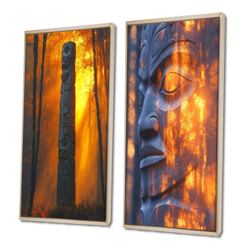 Totem jaune, forêt, lever de soleil I - art amérindien Totem, ensemble de 2 pièces d'art mural, H 32 po x l 32 po, Érable