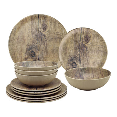 Gracie Oaks 12 Piece Wood Brown Melamine Dinnerware Set Plate and