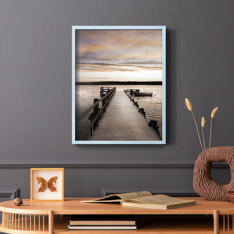 Coucher de soleil sur une jetée, reproduction encadrée - bois massif, Bleu, H 10 po x l 8 po
