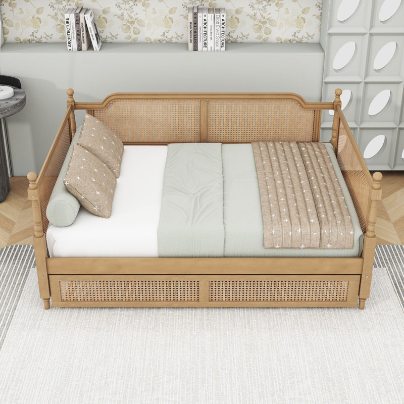 Wood Daybed with Rattan Headboard and Trundle, Full/Double, Antique Walnut
