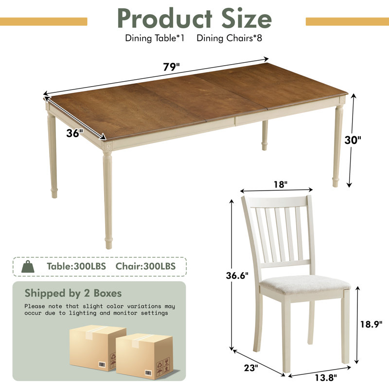 Deral 8 - Person Farmhouse Rectangular Solid Wood Dining Set,Brown/White, Brown/White, White/Gray