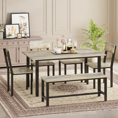 50 Inch Dining Table Set For 4-6, Industrial Table With 4 Chairs And 1 Bench Set, 6-Piece Rectangular Kitchen Table Set For Dining Room, Farmhouse Din