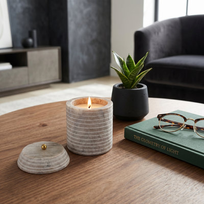 Freelon Modern Cylindrical Scented Candle With Lid For Living Room Accent - Decorative Accent For Bedroom, Bookshelf Or Coffee Table Display - 6", Gray