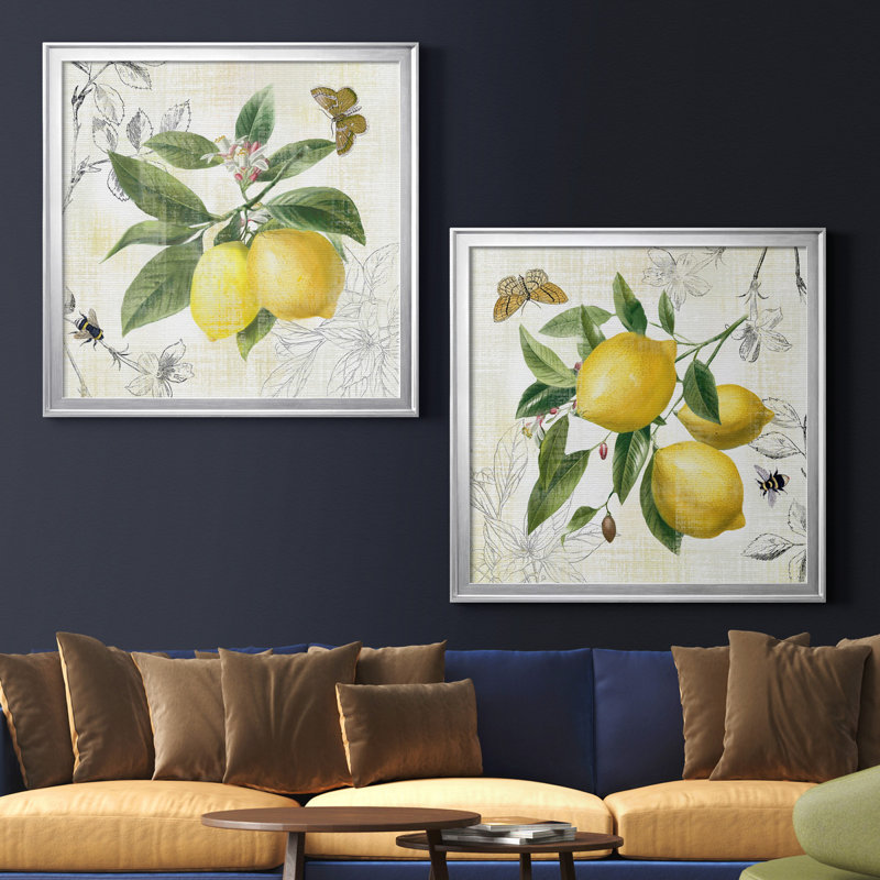 Linen Lemons I - ensemble de 2 impressions, Pas de tapis, Toile encadrée argentée, H 22,5 po x l 45 po x P 1,5 po