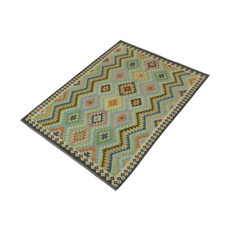 Tapis géométrique en laine bleu gris à motif géométrique fait à la main 5 pi 10 po x 8 pi Kelten