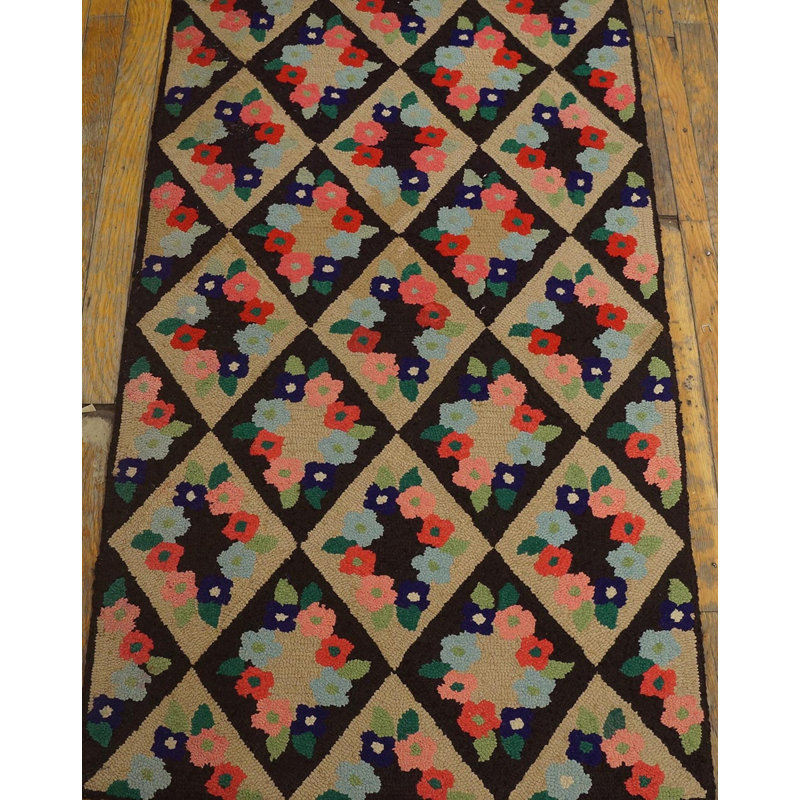 Small Scatter Size American Hooked Multicolor Wool 1930s Antique Rug