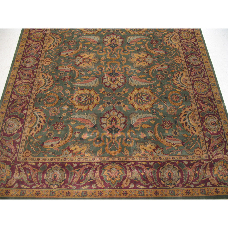 Oriental Hand-Knotted Wool Green/Burgundy/Orange Area Rug, Rectangle 9'2" x 11'10"