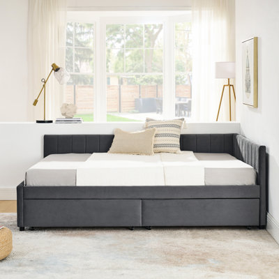 Contemporary Grey Velvet Upholstered Bed With Drawers - Bedroom Convenience Furniture