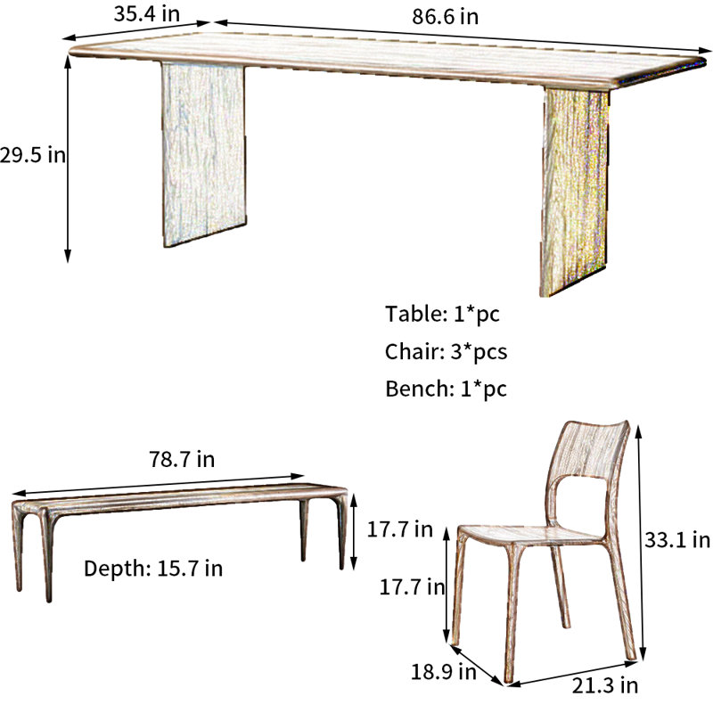 Ensemble de table de salle à manger Walnut, H 29,5 po x L 86,6 po x l 35,4 po