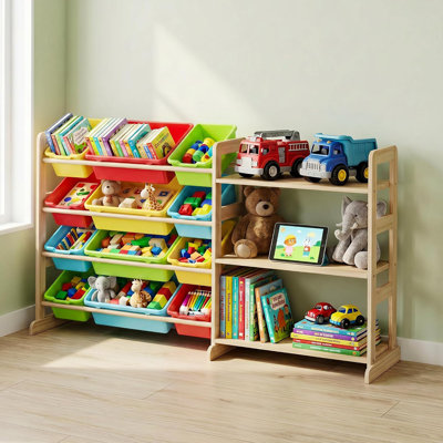 Organisateur de rangement pour jouets pour enfants avec 12 bacs et 3 tablettes, bois massif, 56 po de largeur, espace de jeu durable