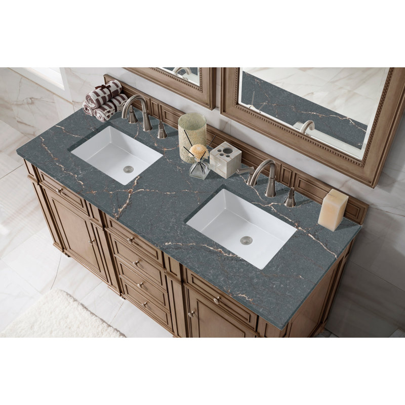 Meuble-lavabo double 60 po Bristol avec chargeur sans fil FreePower, Noyer blanchi, Bleu Parisien