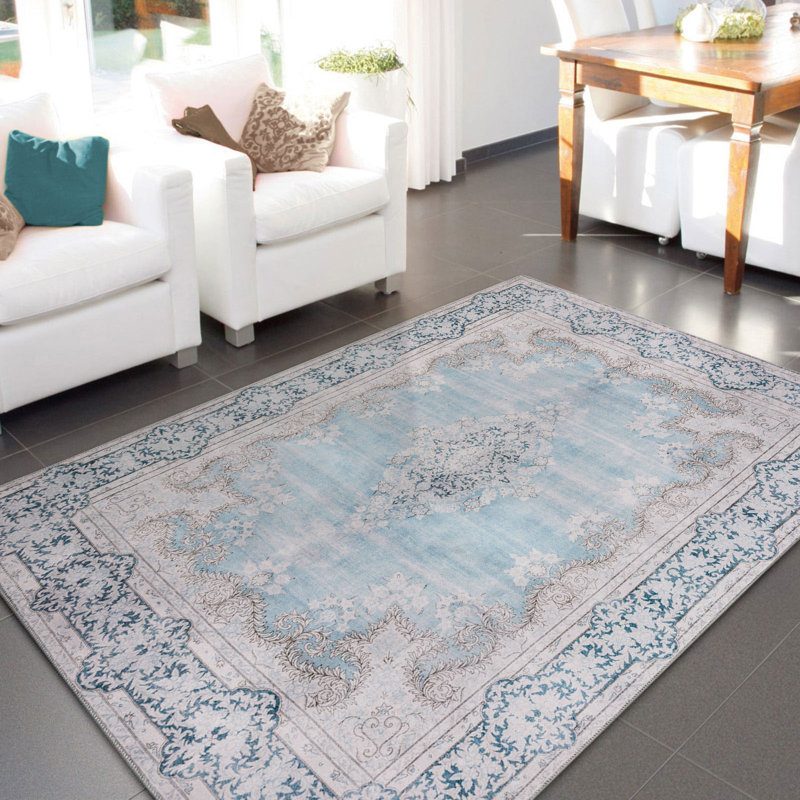 Blue Vintage Distressed Washable 9' x 12' Synthetic Rug