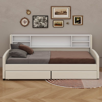 Lit plateforme simple tapissier avec rangement intégré et tiroirs