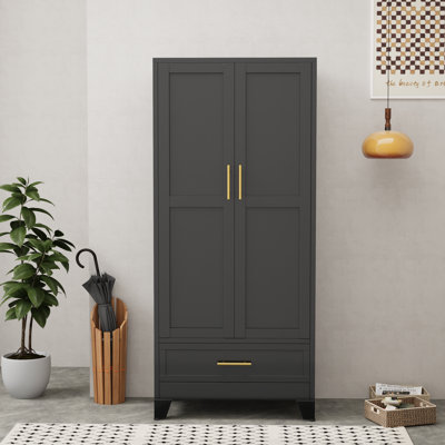 Modern Freestanding Metal Clothing Wardrobe Aromire with one Drawer and Clothes Rail by Winston Porter