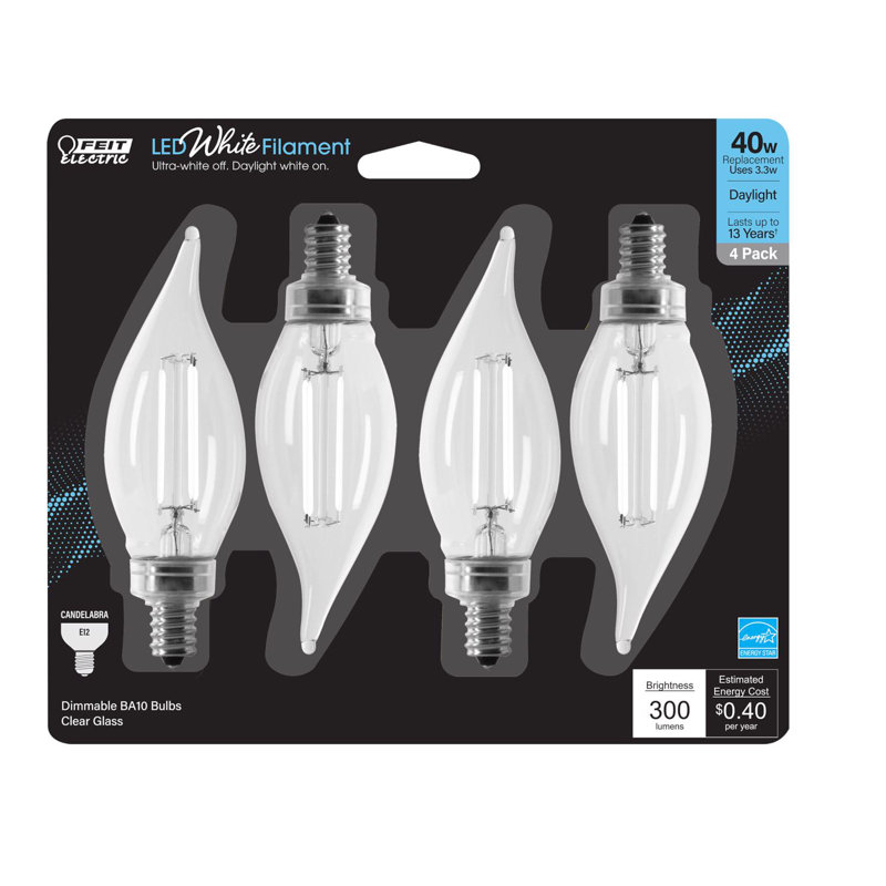 Ampoule à DEL à filament blanc Feit BA10 E12 (candélabre), équivalente à 40 watts, paquet de 4, 5000 kelvins