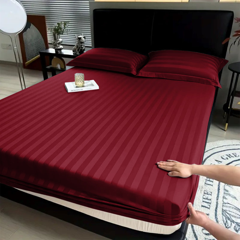 Aspire Homeware Luxury 40cm Deep Striped Fitted Sheet for Hotel Style Bedroom Comfort, Double (4'6), Burgundy